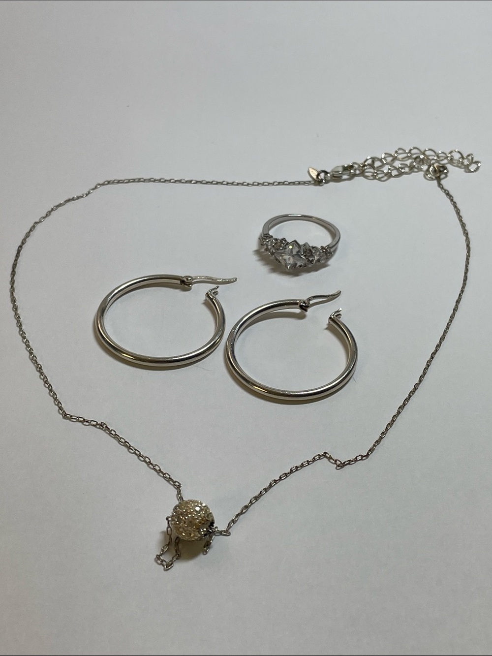 925 Silver Hoop Earrings, Pavé Ball AvonNecklace & Crystal RingSz7 Set - Silver